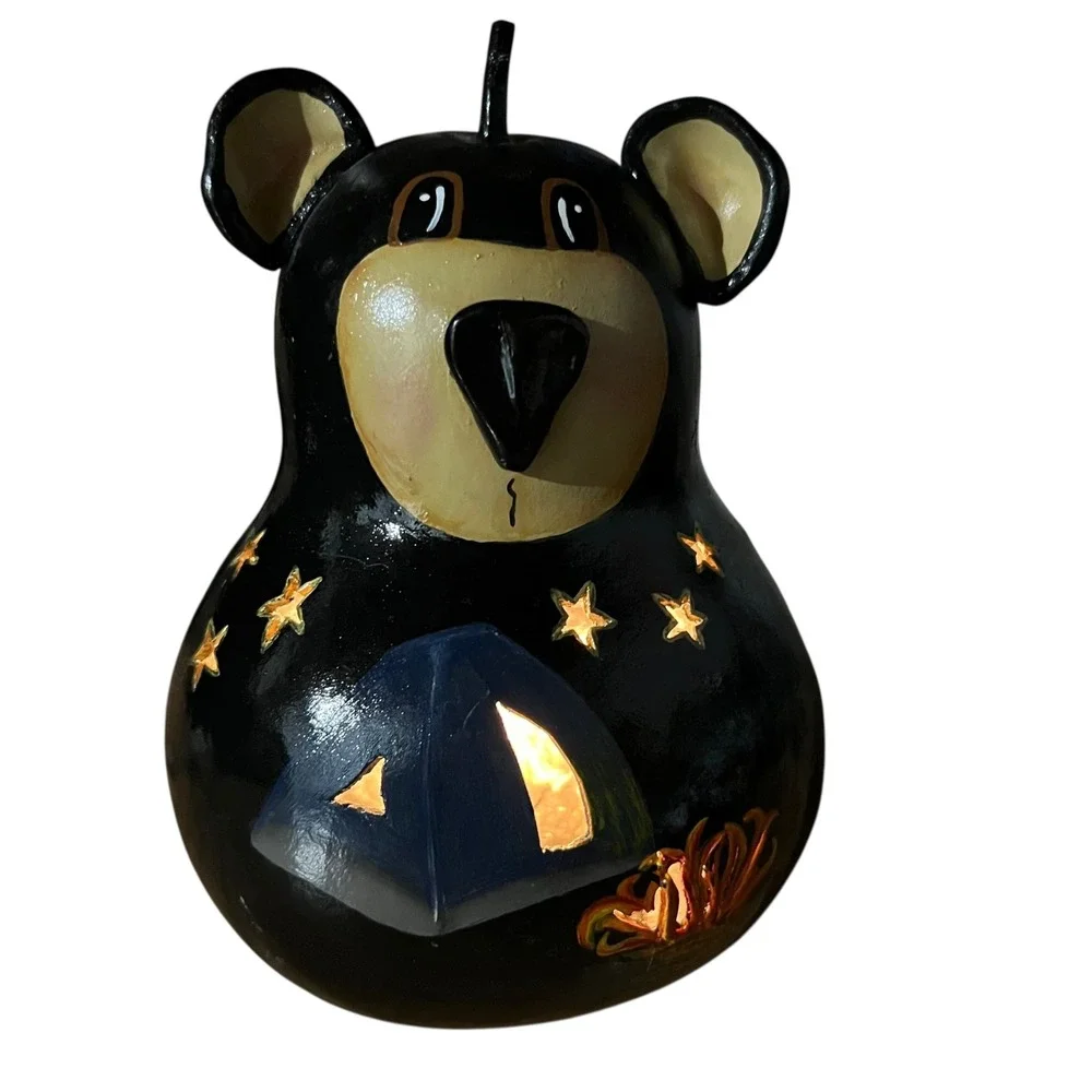 Hand Carved Bear Gourd Lantern Folk Art Night Light‎ Cabin Decor